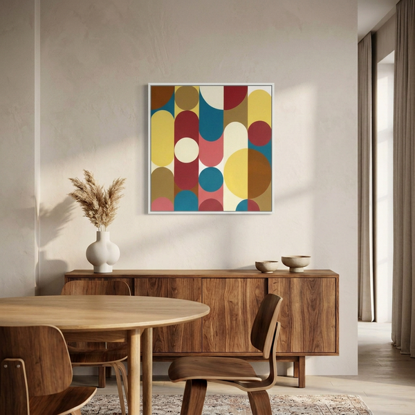 A framed abstract geometric wall art painting with large overlapping circles in yellow, blue, red, pink, and tan, displayed above a wooden sideboard in a modern dining room setting.