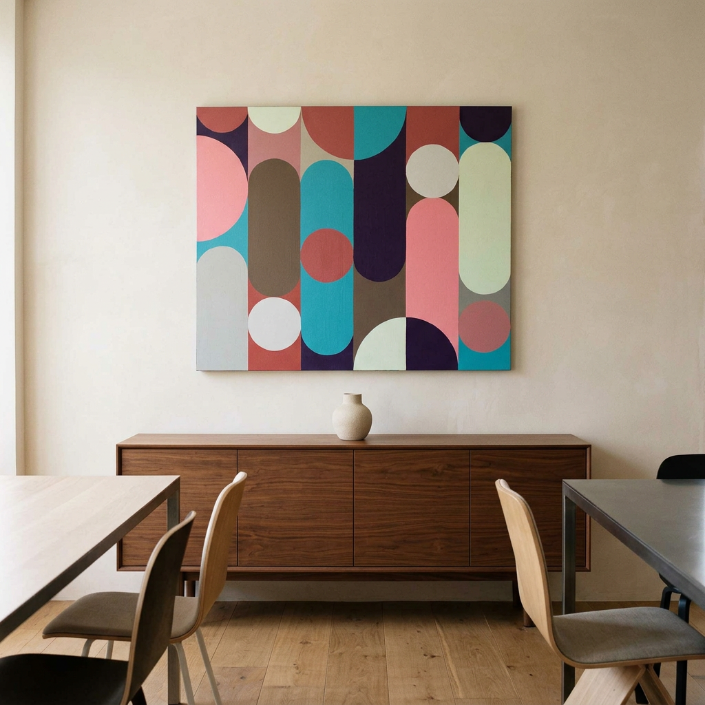 Geo Pop Lines No 5- A large abstract geometric wall art painting hangs above a wooden sideboard in a dining room. The artwork features overlapping vertical and curved shapes in teal, coral pink, burgundy, cream, brown, and dark purple.