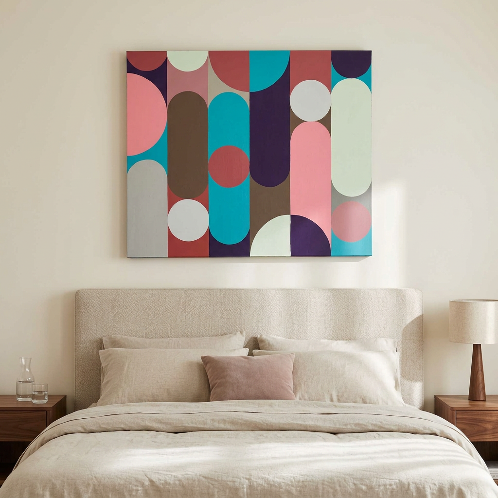 Geo Pop Lines No 5 - A colourful abstract geometric canvas painting with pink, teal, brown, and purple shapes, displayed on a beige wall above a neatly made bed with neutral bedding.