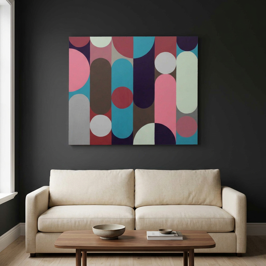 Geo Pop Lines No 5  - A square abstract wall art painting with vertical arches and circles in pink, teal, burgundy, cream, gray, and dark purple, displayed above a beige sofa in a modern living room with a dark charcoal wall.