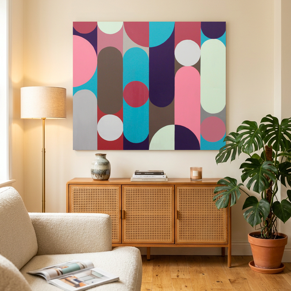 A large square canvas painting featuring a mid-century modern abstract geometric pattern with pink, teal, purple, brown, grey, and white shapes, displayed on a beige wall above a wooden credenza in a styled living room.