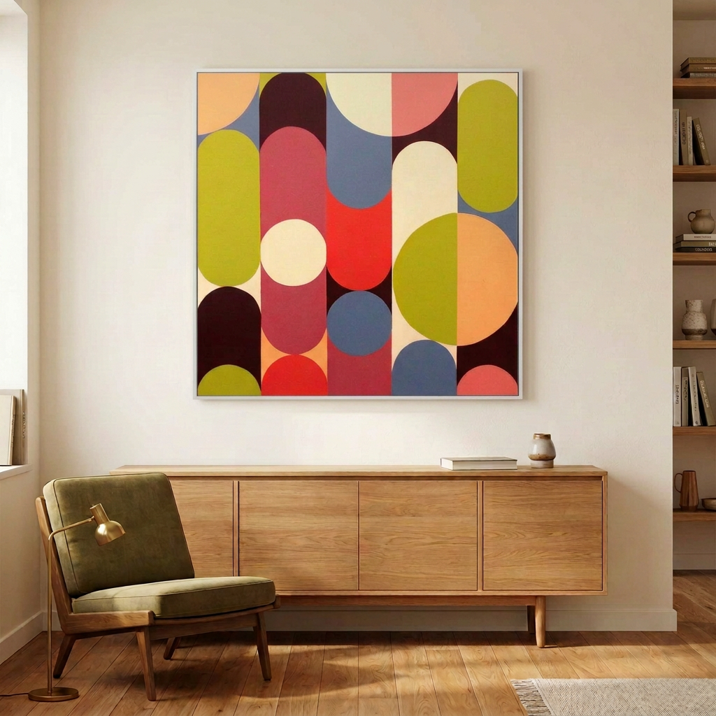 Geo Pop Lines No 6  A colourful abstract geometric wall art painting with overlapping vertical and circular shapes in red, orange, yellow, green, blue, pink, and cream, displayed above a mid-century modern wooden sideboard in a bright living room.