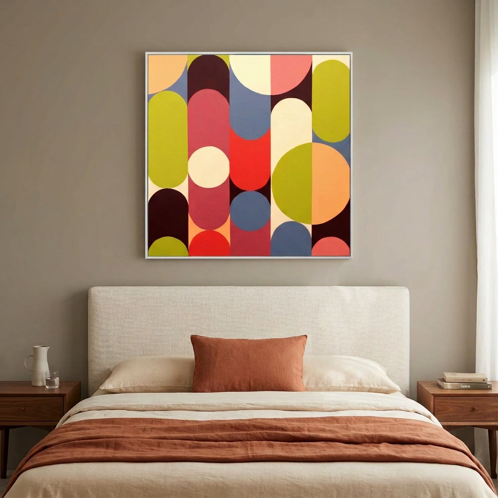 Geo Pop Lines No 6 - A colourful abstract geometric wall art painting with overlapping circles and arcs in red, blue, yellow, green, pink, orange, and cream, displayed above a neatly made bed in a modern bedroom setting.