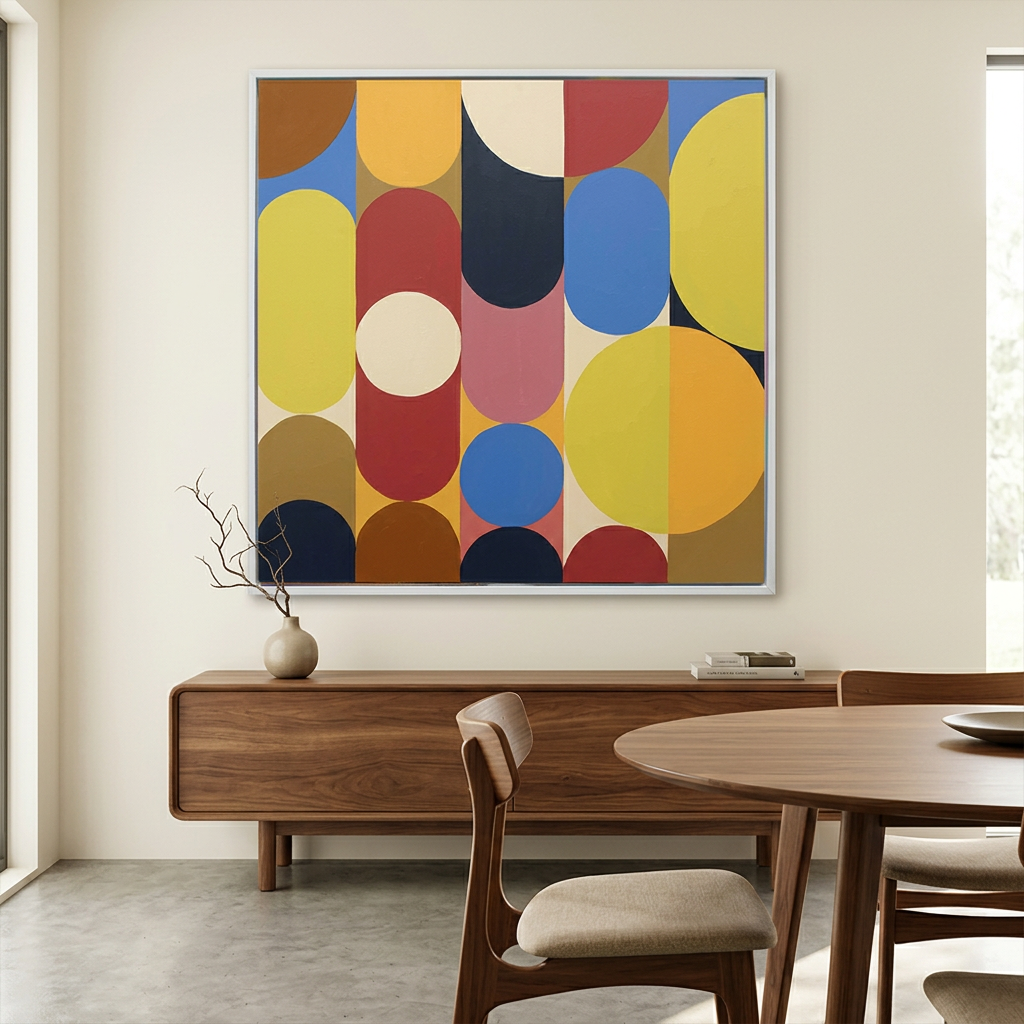 Geo Pop Lines No 7 in a bright mid-century dining room