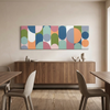 Geo Pop Lines No 8 - A colourful abstract geometric wall art painting hangs above a wooden sideboard in a modern dining room setting with chairs and tables.