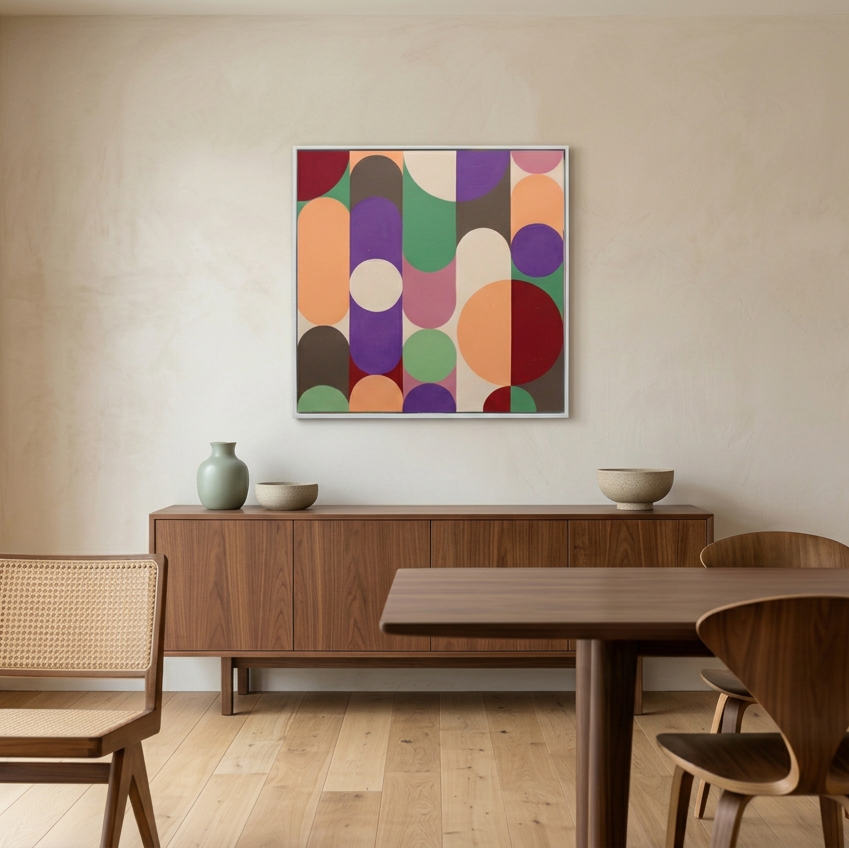 Geo Pop Lines No 9 - A colourful abstract geometric wall art painting with overlapping circles and ovals in purple, green, orange, red, pink, beige, and brown, displayed in a white frame above a wooden sideboard in a modern dining room setting.