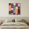 Geo Pop Lines No 9 - A square framed Geometric painting with a mid-century modern abstract pattern of overlapping circles and arcs in multiple colours, hanging above a neatly made bed in a minimalist bedroom.