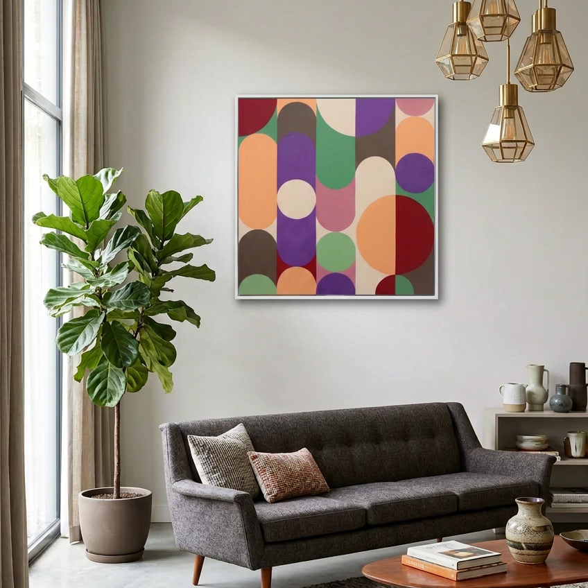 Geo Pop Lines 9 - A square framed wall art painting with an abstract geometric pattern of overlapping circles and arcs in multiple colours, hanging on a light grey wall above a dark grey sofa in a modern living room setting.