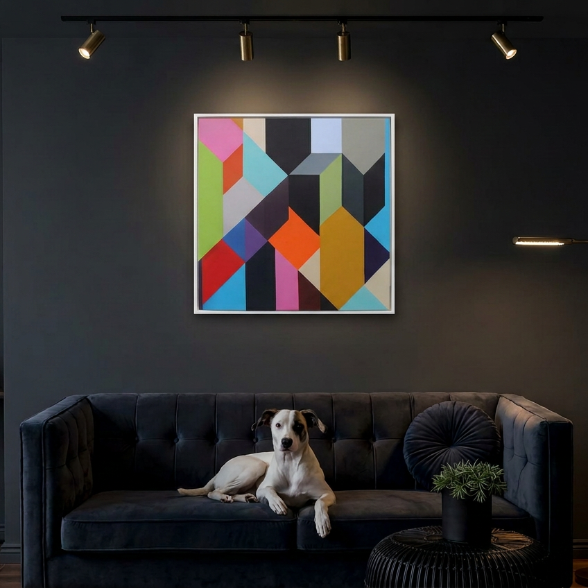 Geo Blocks 1 - A framed abstract geometric wall art painting with colourful polygon shapes hangs above a dark velvet sofa in a dimly lit room. A white and black dog lies on the sofa, and a small round side table with a potted plant is in the foreground.