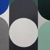 Abstract geometric painting with overlapping rounded shapes in blue, white, dark charcoal, mint green, gray, and black.