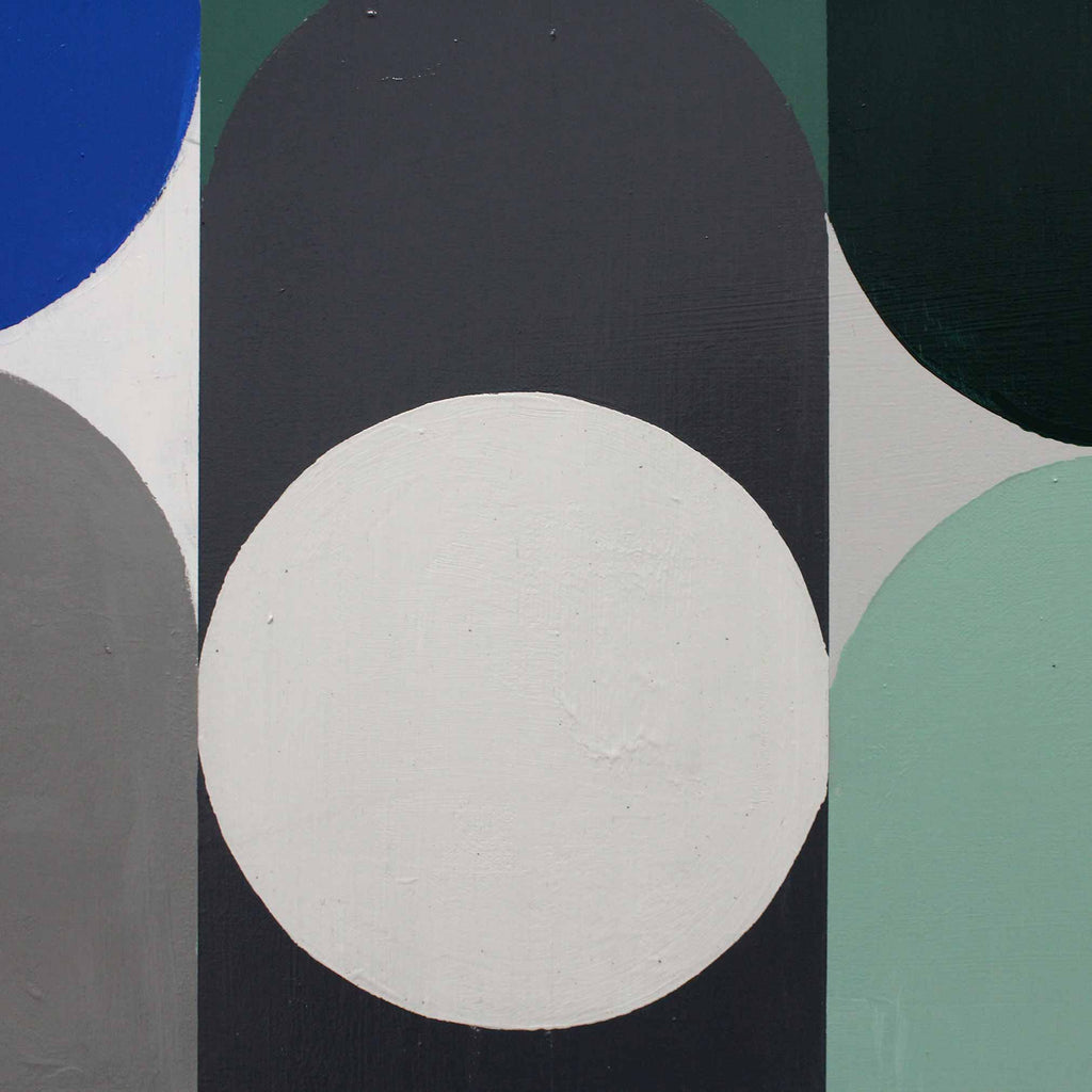 Abstract geometric painting with overlapping rounded shapes in blue, white, dark charcoal, mint green, gray, and black.