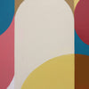 Abstract geometric wall art featuring a large central cream arch shape with surrounding blocks of blue, pink, yellow, brown, and white.
