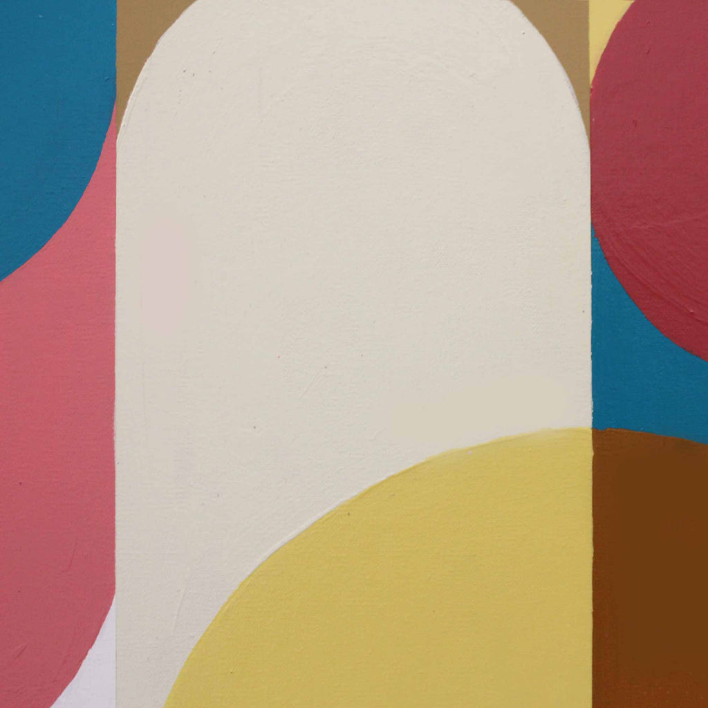 Abstract geometric wall art featuring a large central cream arch shape with surrounding blocks of blue, pink, yellow, brown, and white.