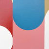 Abstract geometric wall art featuring bold painted shapes in blue, pink, red, white, and tan.