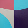 Abstract geometric wall art featuring curved and angular color blocks in coral pink, turquoise, cream, and deep purple with visible canvas texture.