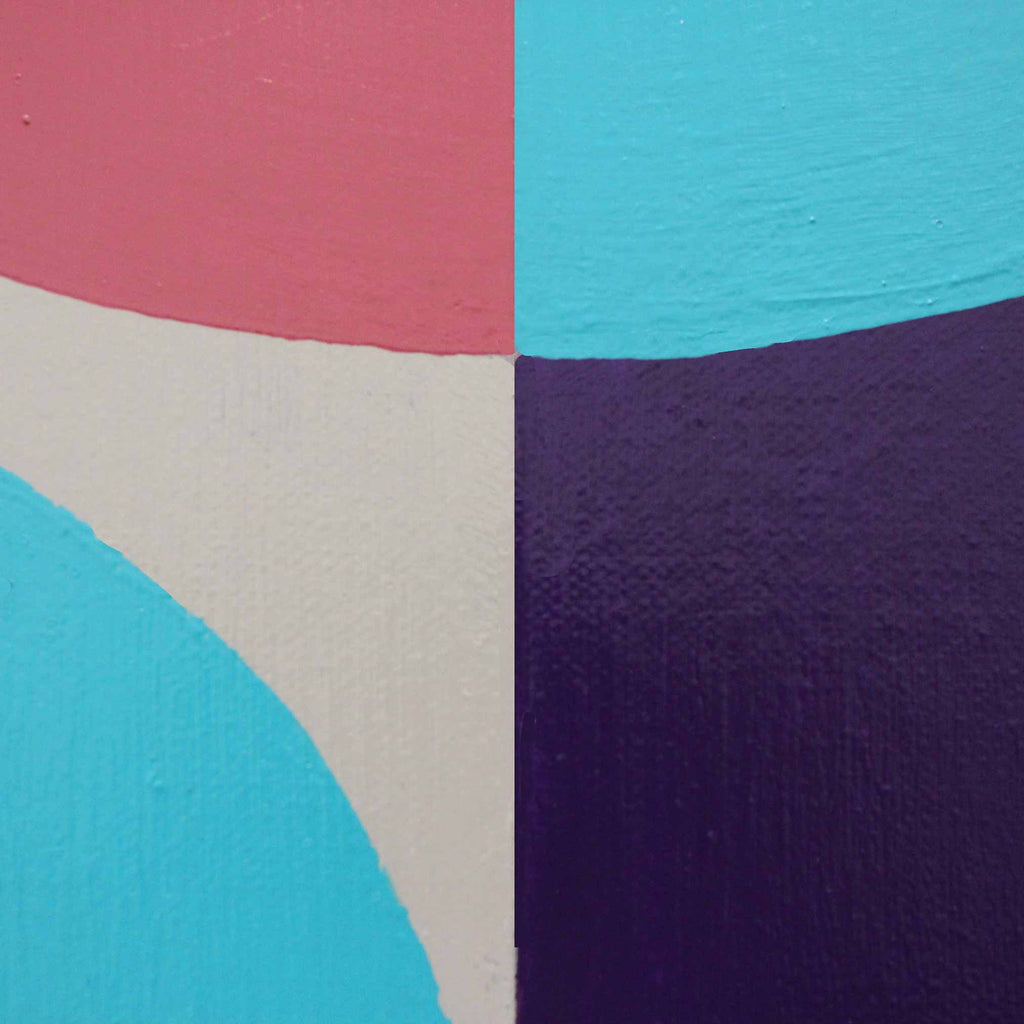 Abstract geometric wall art featuring curved and angular color blocks in coral pink, turquoise, cream, and deep purple with visible canvas texture.