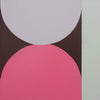 Abstract geometric wall art featuring a large white semicircle and a large pink semicircle on a dark brown background, with a pale mint vertical stripe on the right side.