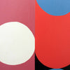 Abstract geometric painting with large white, red, and blue circular shapes on a split pink and red background with a small black section.