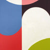 Abstract geometric painting with overlapping curved shapes in blue, red, white, black, pink, and green.