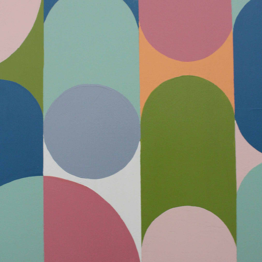 Abstract geometric wall art featuring overlapping arches and circles in pastel pink, mint green, olive green, blue, peach, and light blue on a white background.