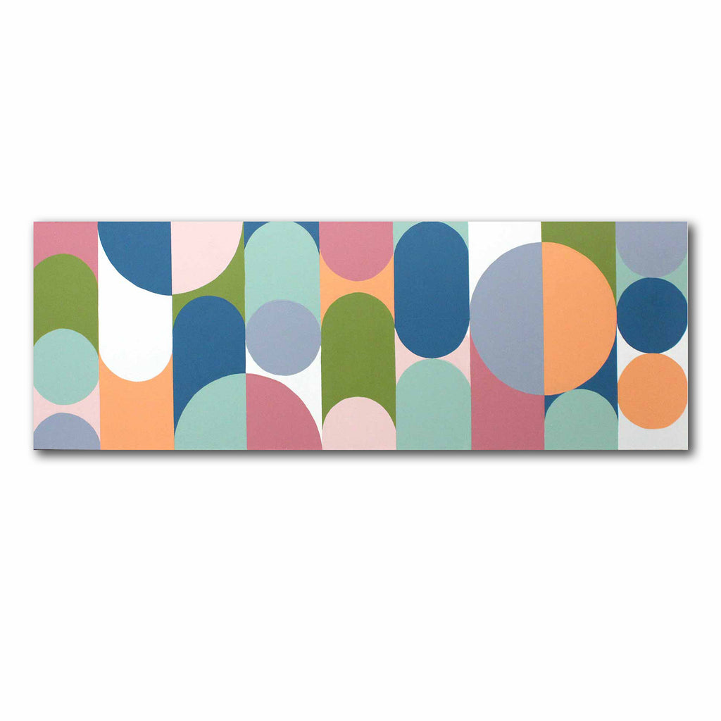 A horizontal canvas wall art painting featuring a mid-century modern geometric pattern of overlapping arches, circles, and rectangles in muted pastel and earthy tones including blue, green, pink, orange, and gray on a white background.