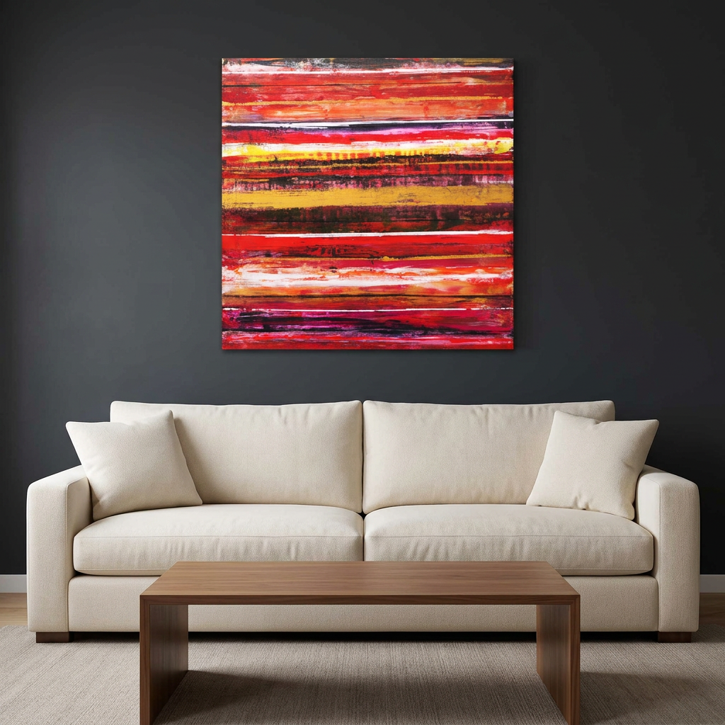Indian Summer - A square abstract canvas painting with vibrant red, orange, yellow, and pink horizontal brushstrokes, displayed on a dark grey wall above a modern cream coloured sofa with a wooden coffee table.