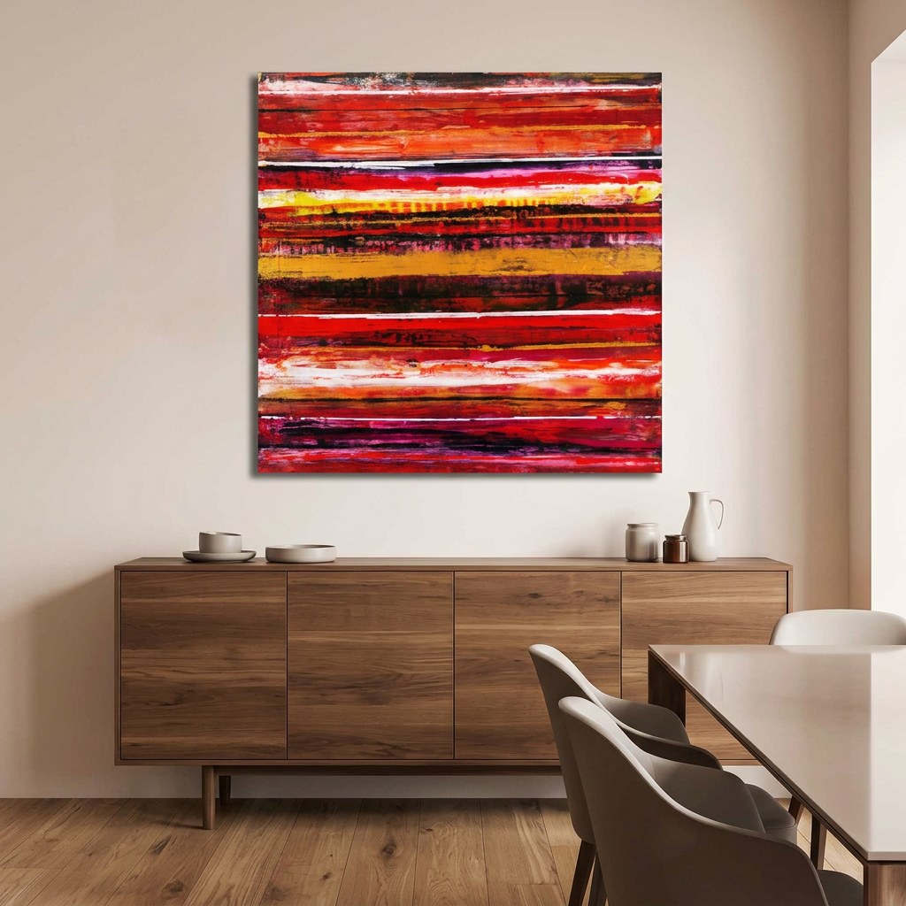 Indian Summer  - Abstract canvas wall art painting with bold horizontal brushstrokes in red, orange, yellow, and black, displayed above a wooden sideboard in a modern dining room setting.