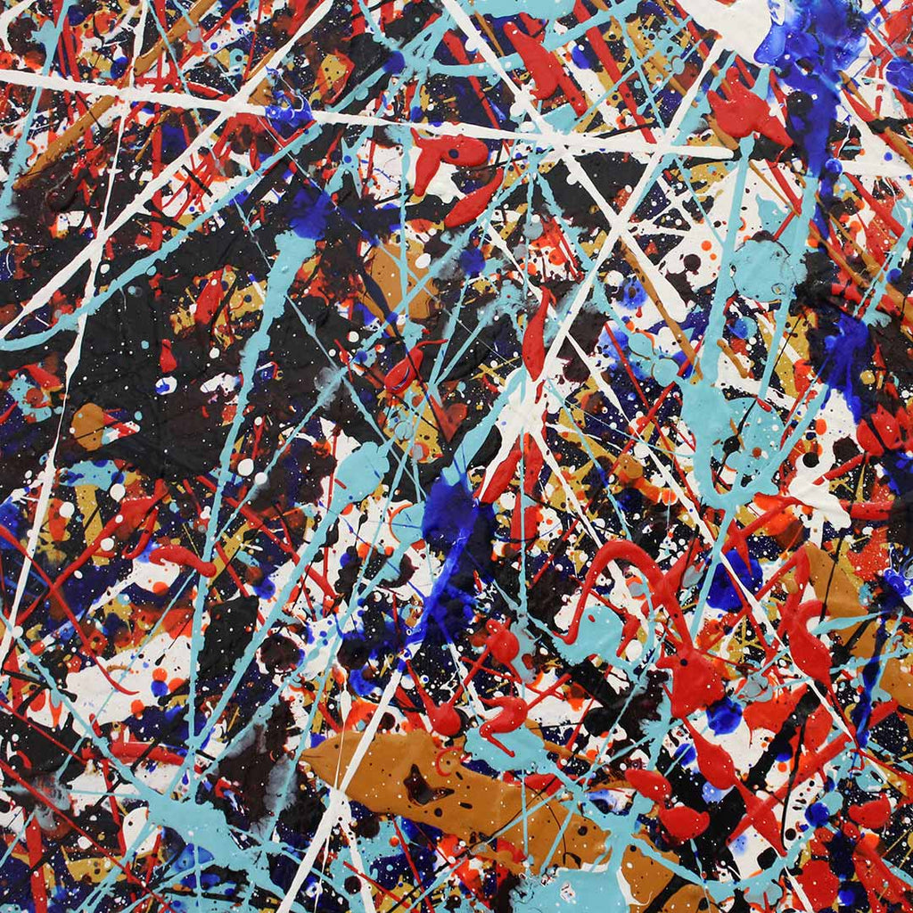 Close up detailed image of abstract splatter painting Kinetic Flow showing energetic drips and splashes of red, blue, light blue, black, white, and tan across the full frame.