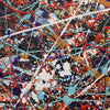 Abstract splatter painting Kinetic Flow with energetic red, light blue, white, black, and tan paint strokes and splashes across the full frame.