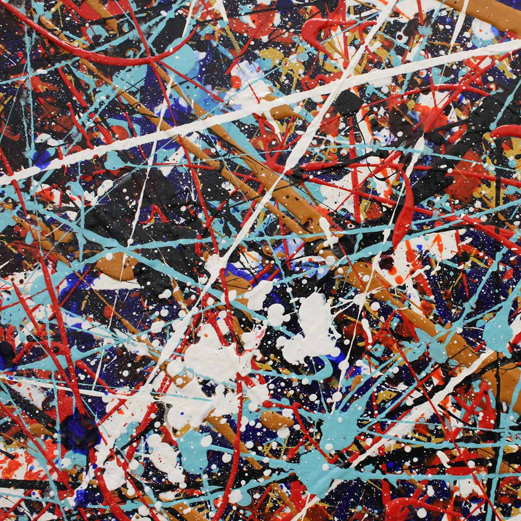 Abstract splatter painting Kinetic Flow with energetic red, light blue, white, black, and tan paint strokes and splashes across the full frame.