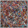 Abstract expressionist painting featuring a dense, energetic composition of splatters, drips, and intersecting lines in red, blue, white, black, and orange, enclosed in a white frame.