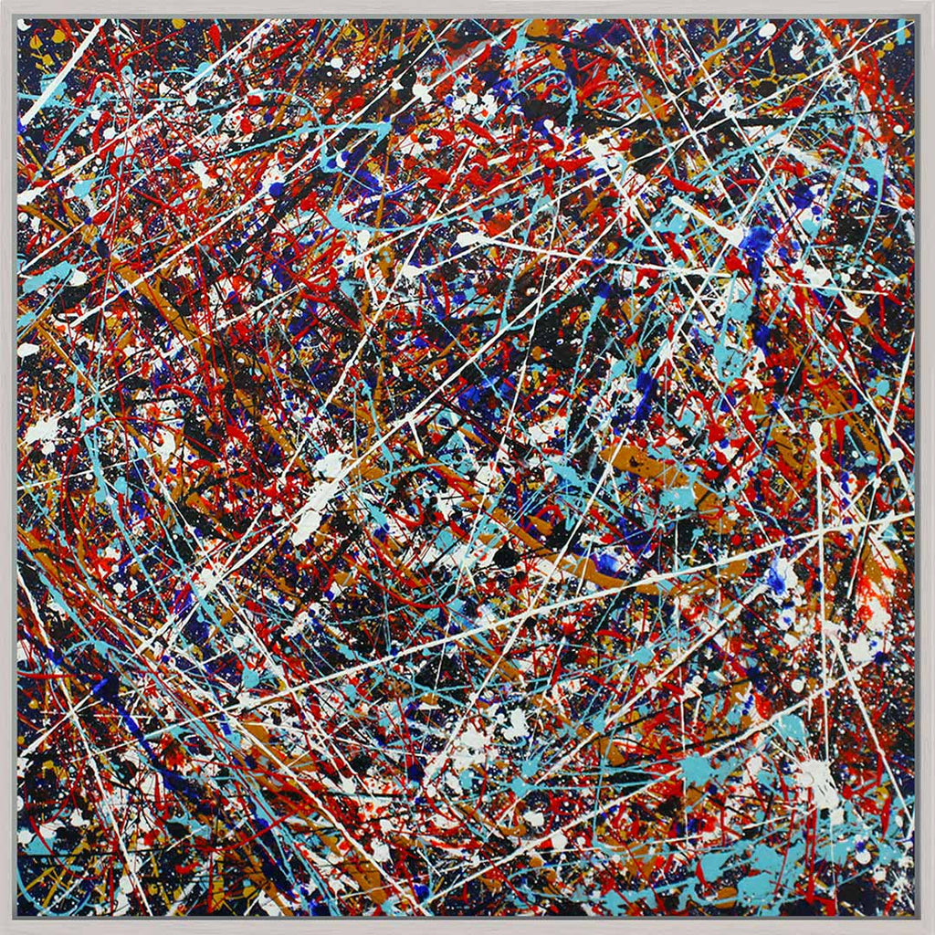 Abstract expressionist painting featuring a dense, energetic composition of splatters, drips, and intersecting lines in red, blue, white, black, and orange, enclosed in a white frame.