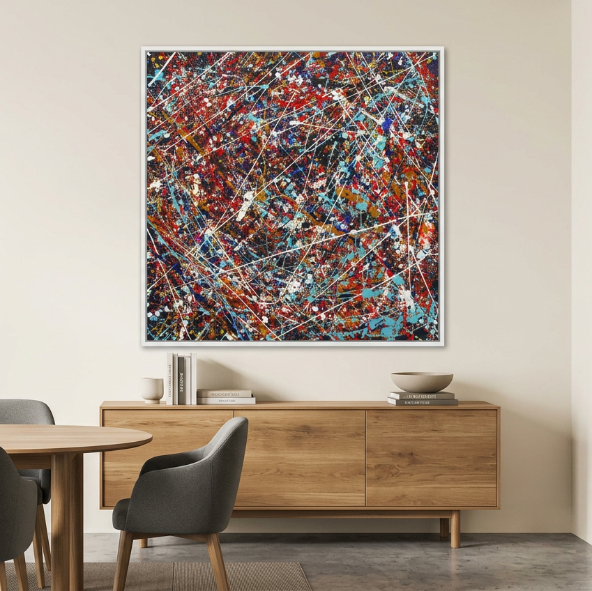 A framed abstract painting with a dense splatter pattern of red, blue, black, white, and yellow paint hangs on a beige wall in a modern dining room setting with a wooden sideboard, dining table, and gray chairs.