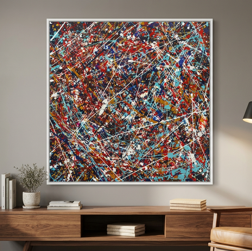 Kinetic Flow - A square abstract wall art painting with a white frame, featuring a dense splatter pattern of red, blue, black, white, and orange paint, displayed in a modern living room setting above a wooden console table.