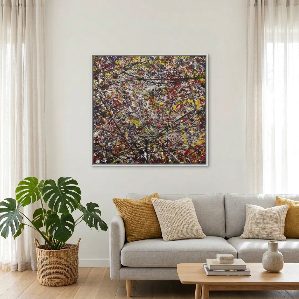 A large framed abstract canvas painting with splatters of red, yellow, white, and black paint hangs on a light gray wall above a modern light gray sofa in a bright living room with a potted green plant and a wooden coffee table.