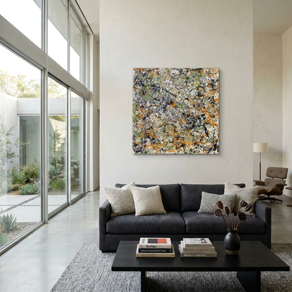 A large abstract canvas painting with splatters of orange, yellow, black, white, and green, displayed on a beige wall above a modern gray sofa in a bright, contemporary living room.