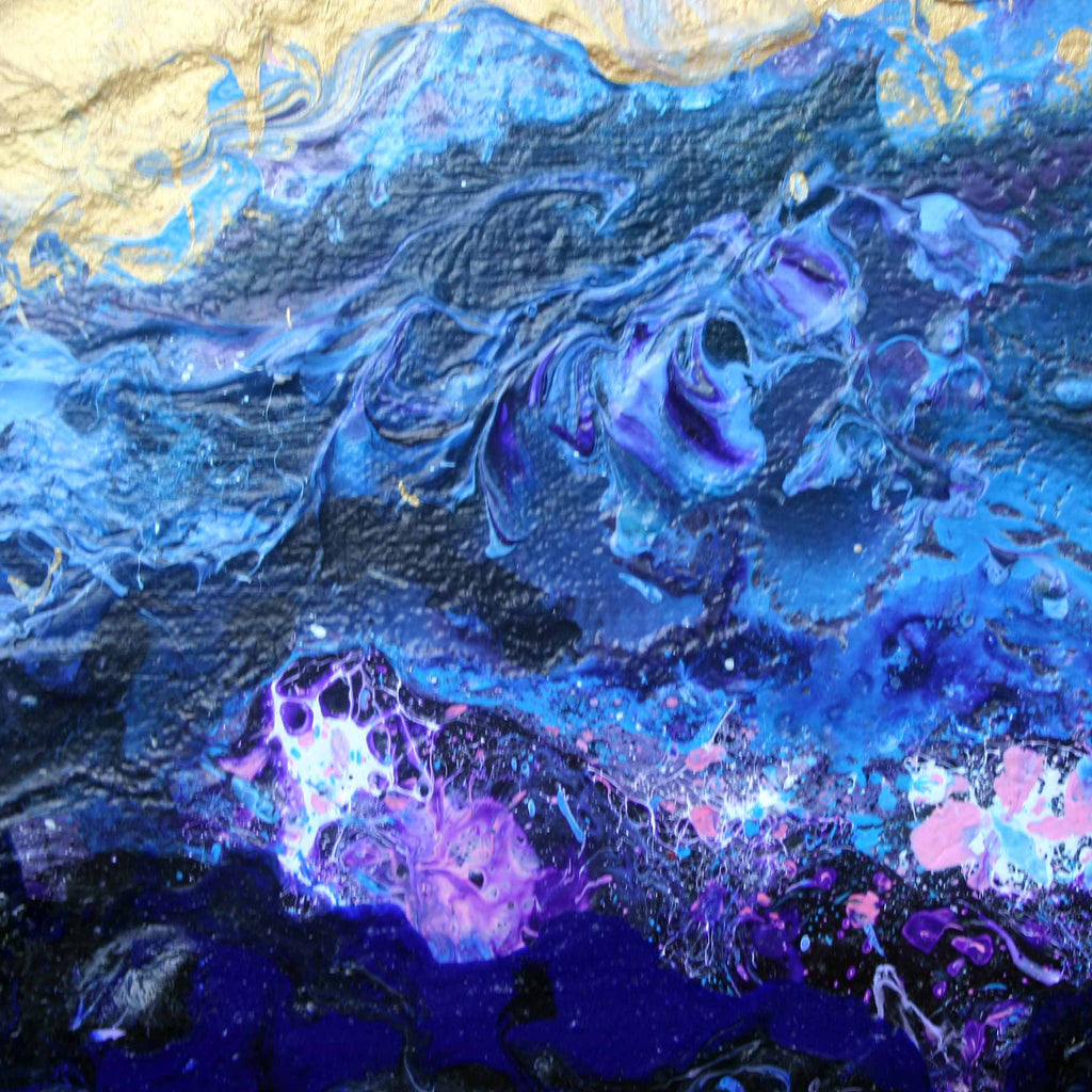Close up detail of abstract Malva Wave a fluid acrylic painting with swirling textures of blue, purple, black, and touches of pink and gold.