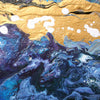 Abstract mixed-media painting Malva Wave by British Artist Andy Watt, with swirling blue, purple, and white marbled forms against a textured gold background with white paint splatters.
