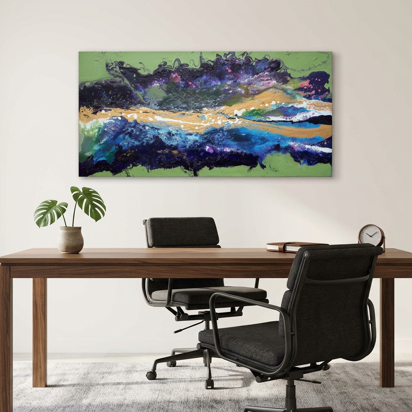 An abstract landscape canvas wave painting called Malva Wave with vibrant greens, blues, purples, and golds, displayed on a neutral wall above a wooden desk with two black office chairs.