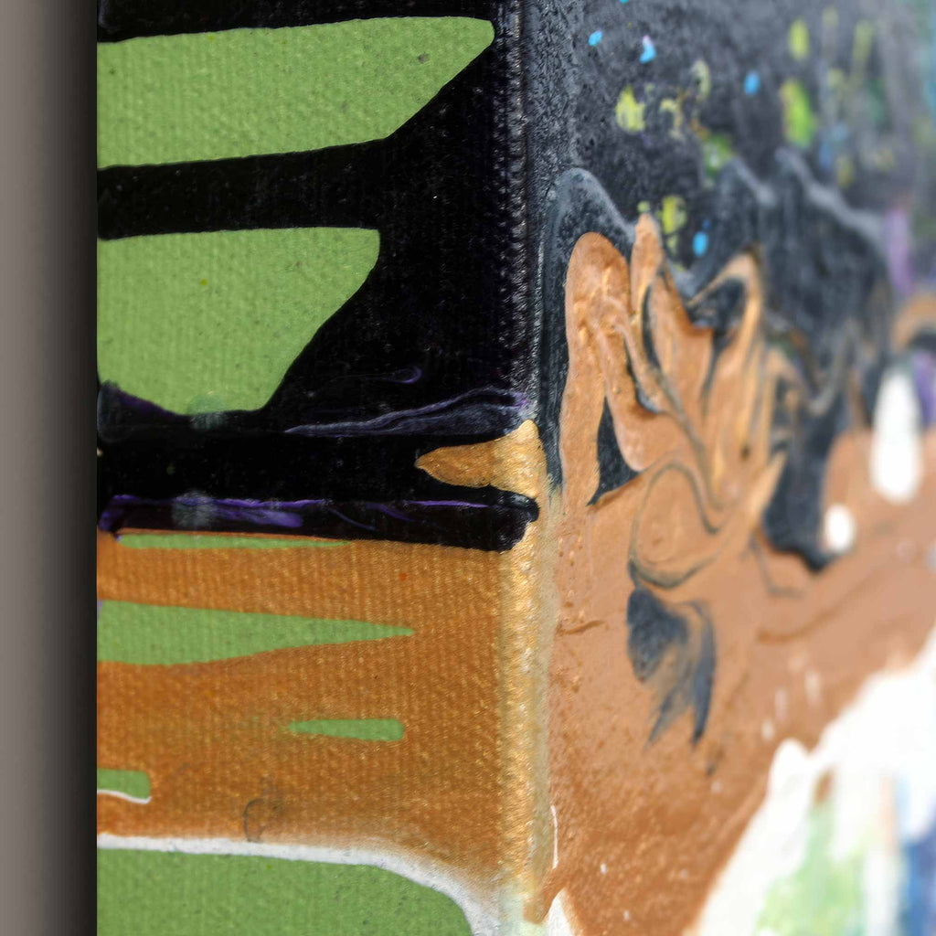 Close-up of an abstract canvas painting Malva Wave showing thick textured brushstrokes in black, olive green, terracotta orange, and white, with visible canvas edges and paint splatter details.