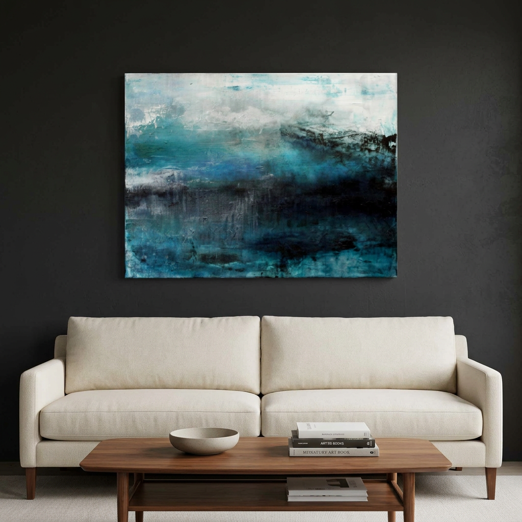 Nordic Mist - An abstract canvas wall art painting featuring shades of teal, blue, and black, displayed in a modern living room setting above a cream coloured sofa and a wooden coffee table.