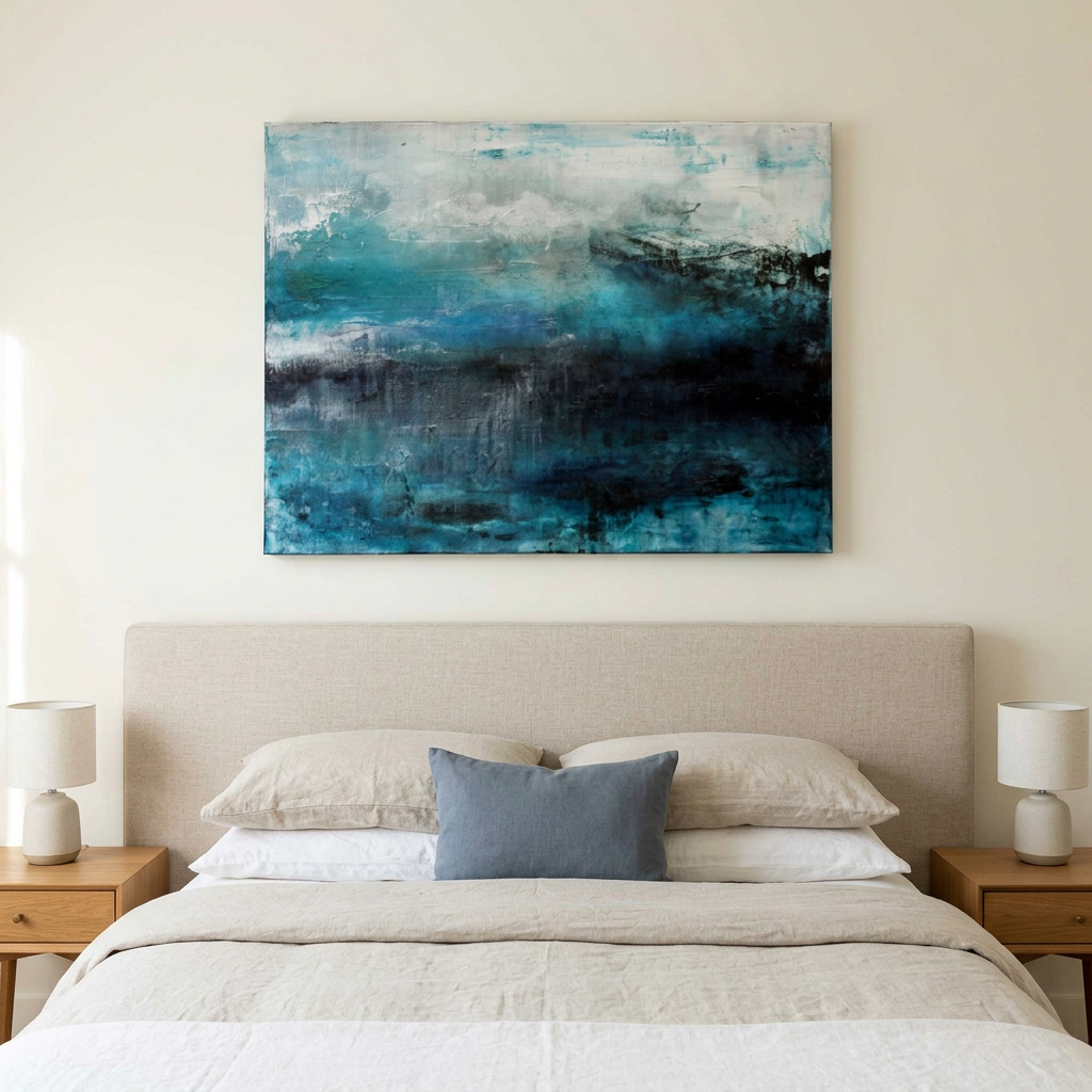 Nordic Mist - An abstract canvas painting with shades of teal, blue, and black hangs on a beige wall above a neatly made bed with neutral bedding and pillows in a softly lit bedroom.