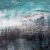 Close up detail of textured painting with horizontal brushstrokes in teal, white, gray, and dark charcoal tones with a hazy, atmospheric composition.