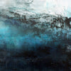 close up image of modern canvas painting textured layered brushstrokes in deep teal, blue, black, and white, with a hazy, atmospheric composition.