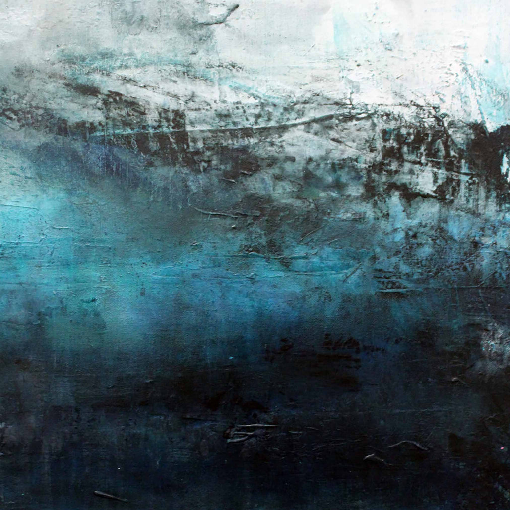 close up image of modern canvas painting textured layered brushstrokes in deep teal, blue, black, and white, with a hazy, atmospheric composition.