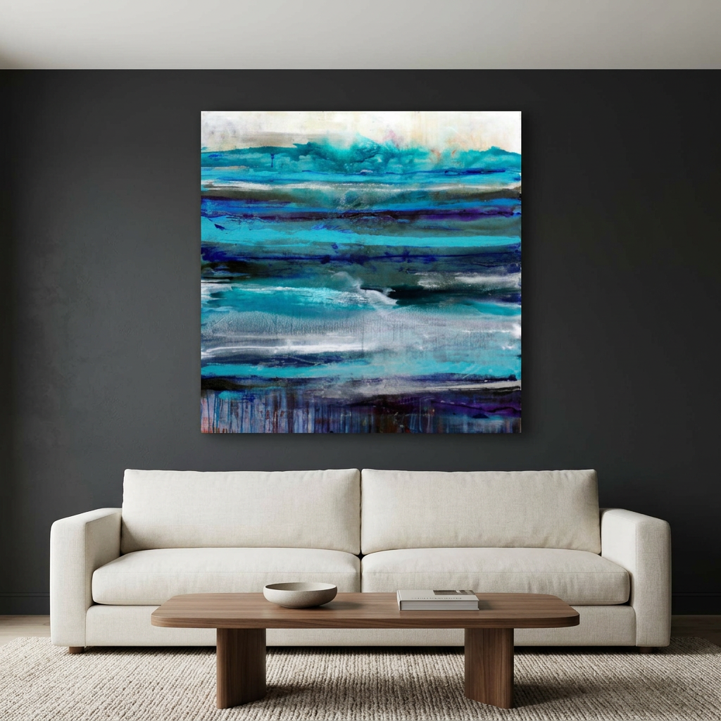 Oceanic - An abstract canvas painting with horizontal layers of teal, blue, and purple tones, displayed on a dark charcoal wall above a modern white sofa and wooden coffee table.
