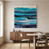 Oceanic - An abstract canvas painting with horizontal layers of teal, blue, and purple tones, displayed on a cream wall above a modern sideboard and dining table.
