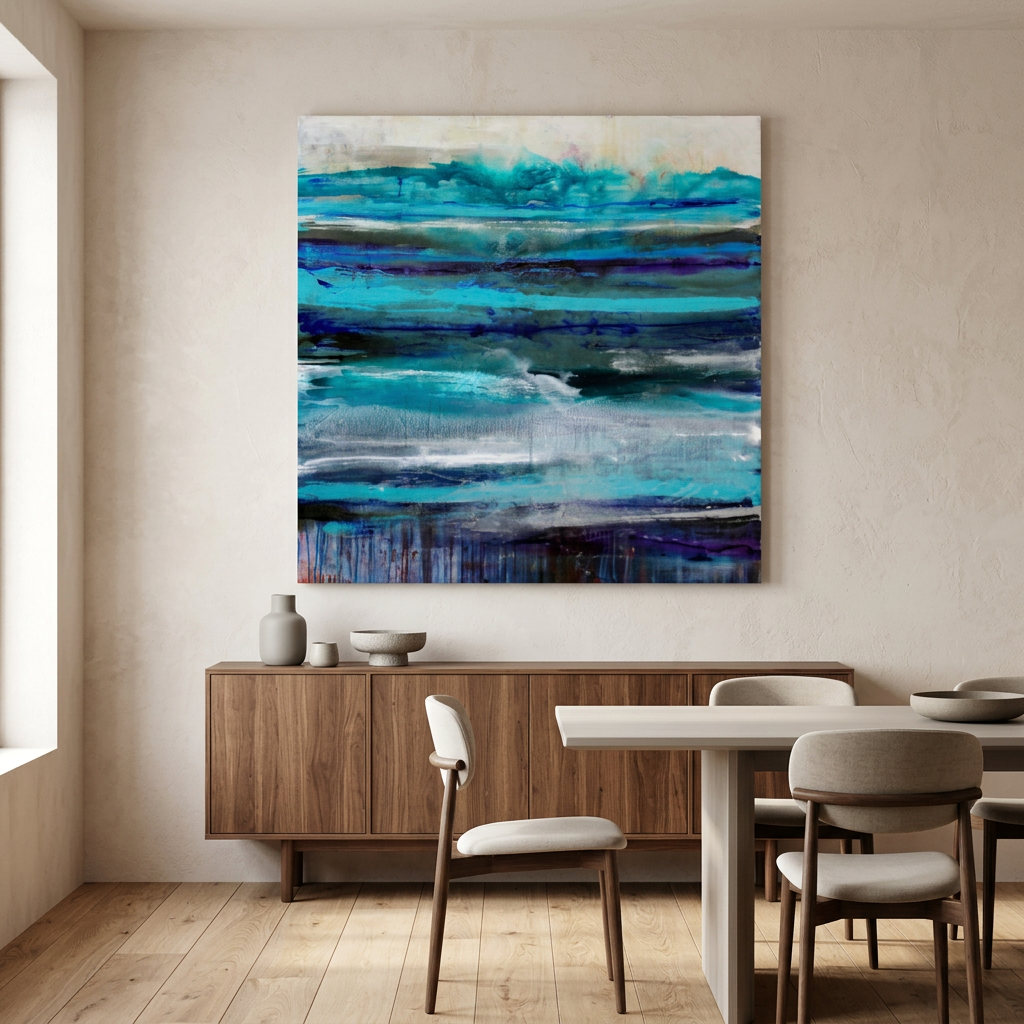 Oceanic - An abstract canvas painting with horizontal layers of teal, blue, and purple tones, displayed on a cream wall above a modern sideboard and dining table.