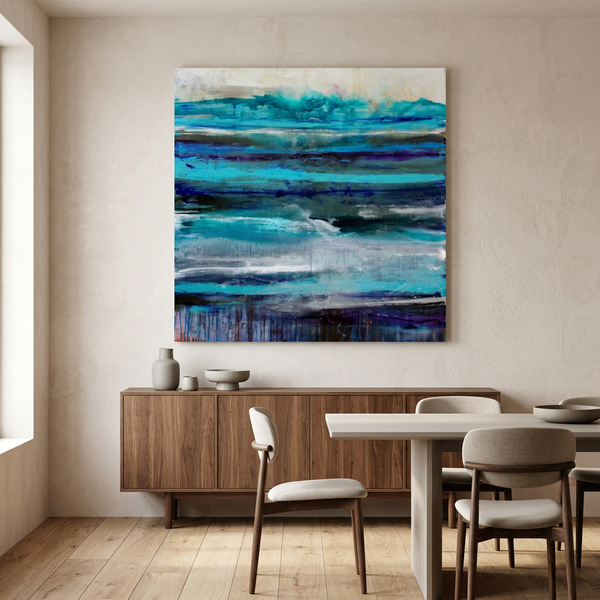 Oceanic - An abstract canvas painting with horizontal layers of teal, blue, and purple tones, displayed on a cream wall above a modern sideboard and dining table.