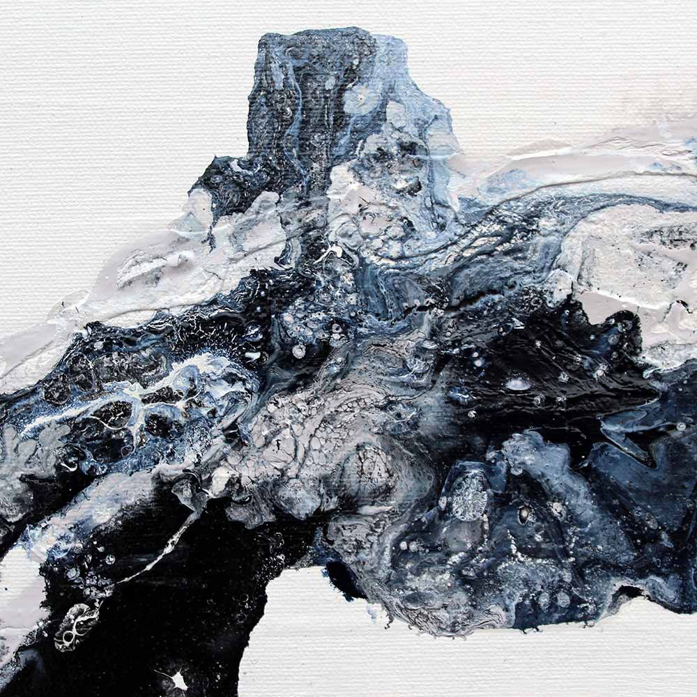Orbital Abstract canvas painting featuring textured swirls of black, grey, and white paint with organic, fluid patterns.
